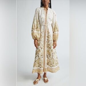 NWT Zimmermann Golden Floral Long Sleeve Buttons Linen Dress 2 US8